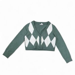 Green argyle cropped cardigan